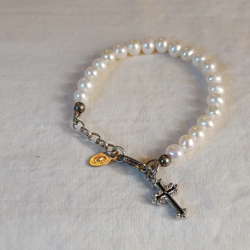 Baby Pearl And Sterling Silver Baby Bracelet With Cross Charm